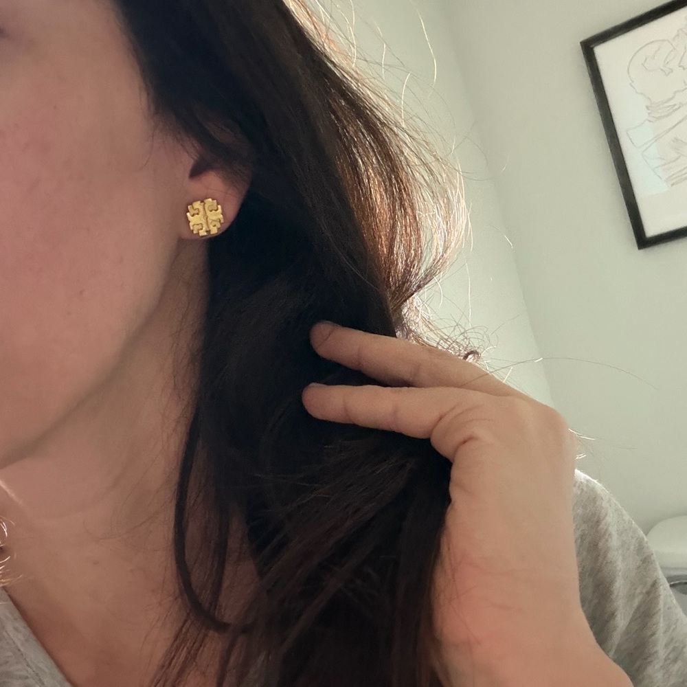 Tory Burch Gold Logo Stud Earrings - Picture 3 of 3